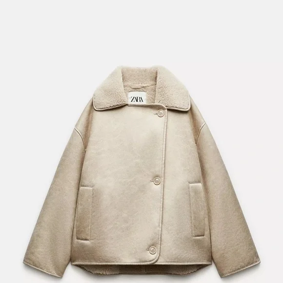 ZARA Cream Teddy-Lined Short Coat - Picture 2 of 6